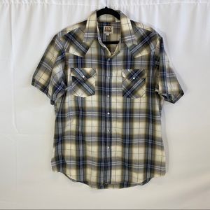 Men’s vintage pearl snap plaid button down shirt L